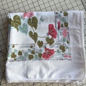 Vintage 1950s Morning Glory Tablecloth, White Cotton 52”x52” Midcentury Decor